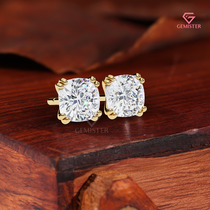 Cushion-Cut Moissanite Double-Prong Solitaire Studs | 14K Gold