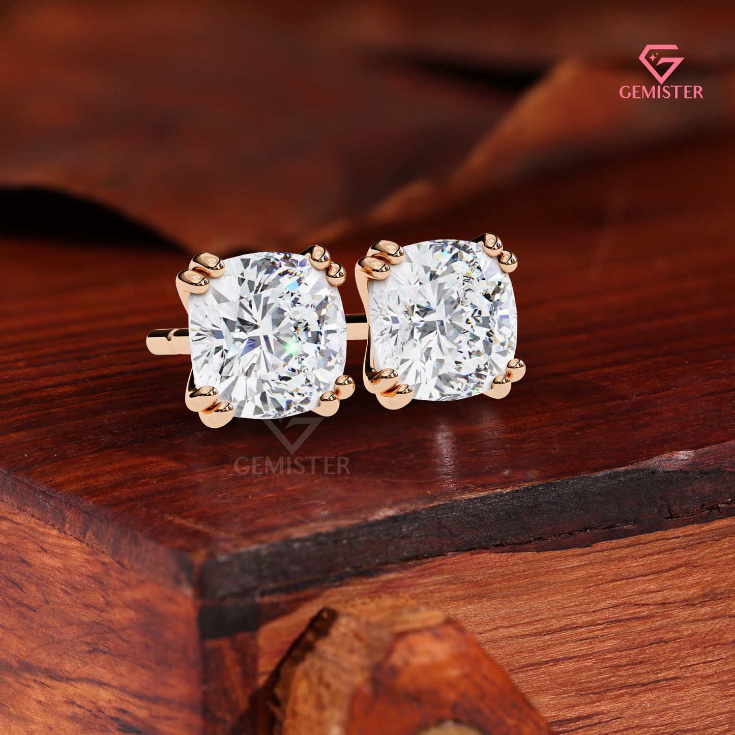 Cushion-Cut Moissanite Double-Prong Solitaire Studs | 14K Gold
