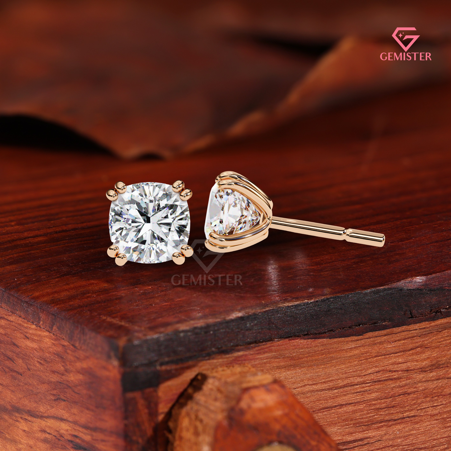 Cushion-Cut Moissanite Double-Prong Solitaire Studs | 14K Gold