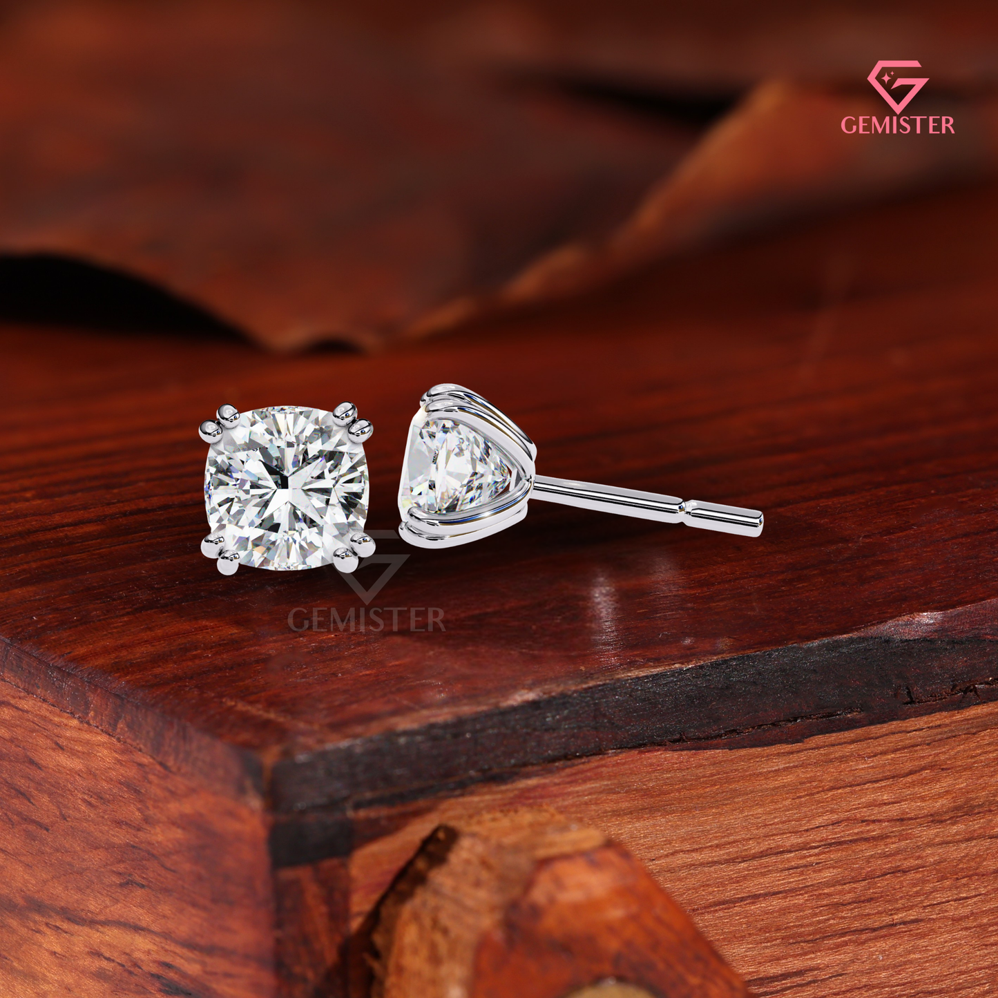 Cushion-Cut Moissanite Double-Prong Solitaire Studs | 14K Gold