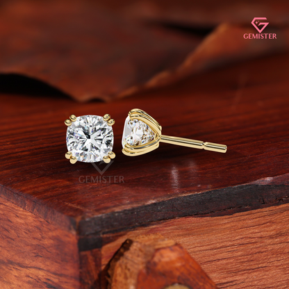 Cushion-Cut Moissanite Double-Prong Solitaire Studs | 14K Gold