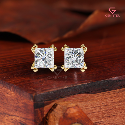 Princess-Cut Moissanite Double-Prong Stud Earrings in 14K Gold