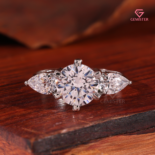 Round Brilliant and Pear Lab Grown Diamond Cut 3-Stone Engagement Ring in 14K White Gold