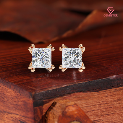 Princess-Cut Moissanite Double-Prong Stud Earrings in 14K Gold