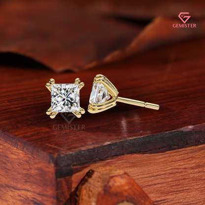 Princess-Cut Moissanite Double-Prong Stud Earrings in 14K Gold