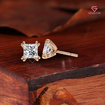 Princess-Cut Moissanite Double-Prong Stud Earrings in 14K Gold