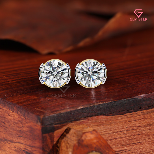 Round-Cut Moissanite Partial Bezel Stud Earrings | Two-Tone 14K Gold