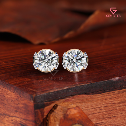 Round-Cut Moissanite Partial Bezel Stud Earrings | Two-Tone 14K Gold