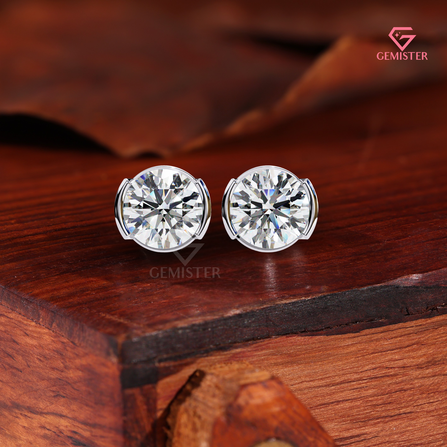 Round-Cut Moissanite Partial Bezel Stud Earrings | Two-Tone 14K Gold