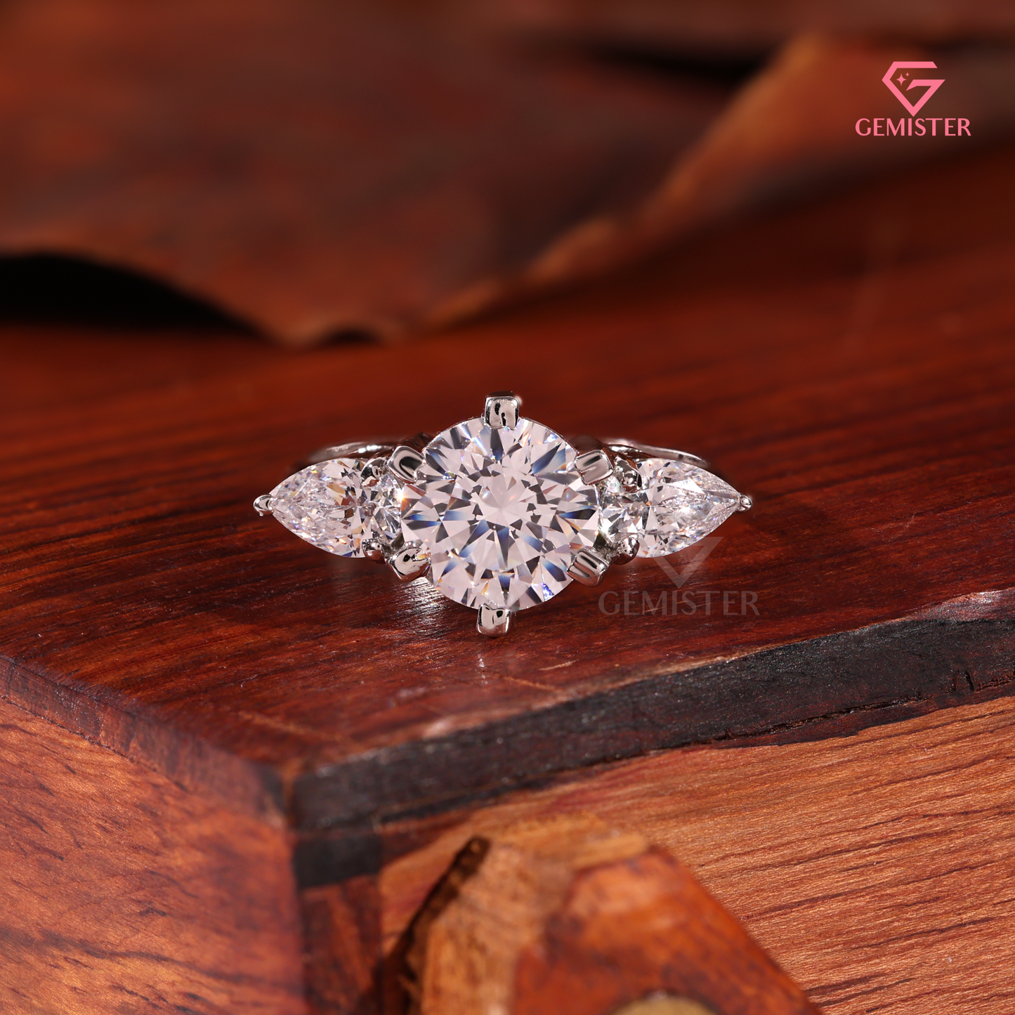 Round Brilliant and Pear Lab Grown Diamond Cut 3-Stone Engagement Ring in 14K White Gold