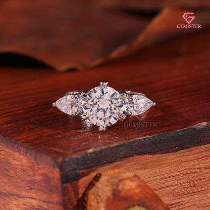 Round Brilliant and Pear Lab Grown Diamond Cut 3-Stone Engagement Ring in 14K White Gold