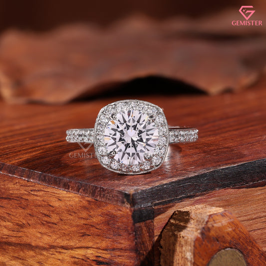 Classic Round Moissanite Halo Solitaire Ring, Micropave Statement Wedding Band