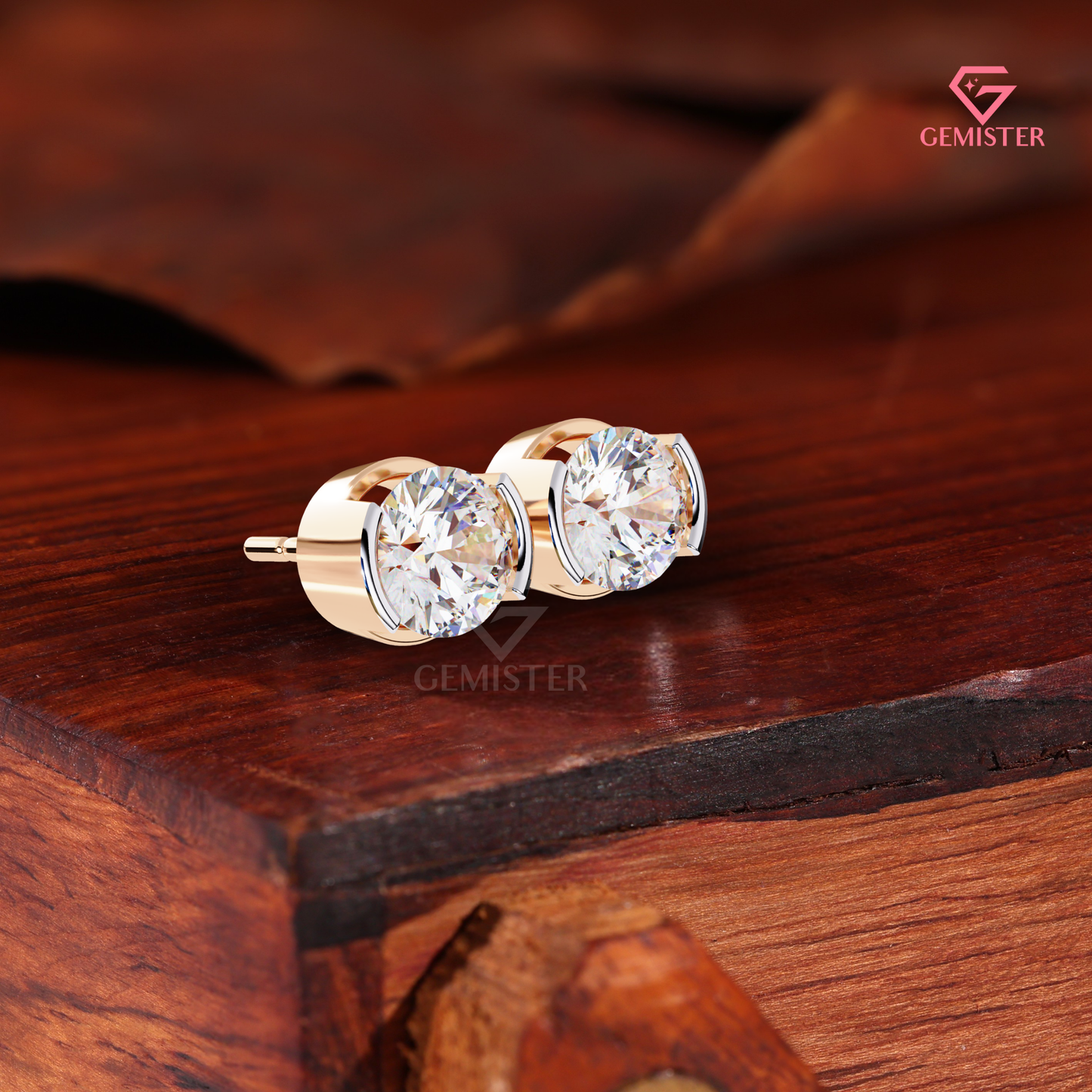 Round-Cut Moissanite Partial Bezel Stud Earrings | Two-Tone 14K Gold