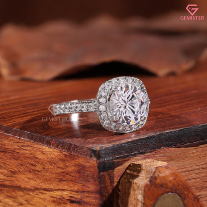Classic Round Moissanite Halo Solitaire Ring, Micropave Statement Wedding Band