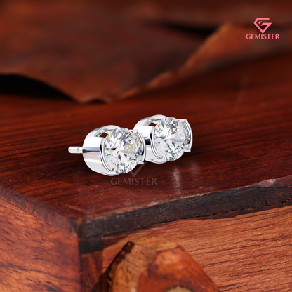 Round-Cut Moissanite Partial Bezel Stud Earrings | Two-Tone 14K Gold