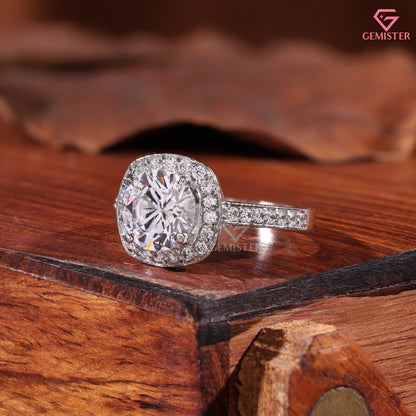 Classic Round Moissanite Halo Solitaire Ring, Micropave Statement Wedding Band