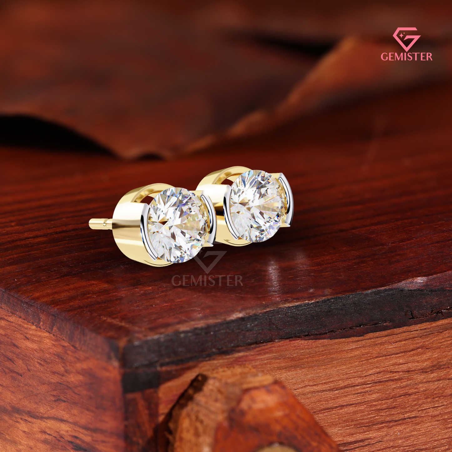 Round-Cut Moissanite Partial Bezel Stud Earrings | Two-Tone 14K Gold