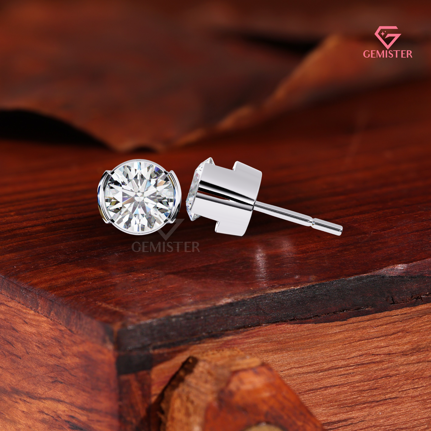 Round-Cut Moissanite Partial Bezel Stud Earrings | Two-Tone 14K Gold