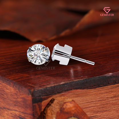 Round-Cut Moissanite Partial Bezel Stud Earrings | Two-Tone 14K Gold