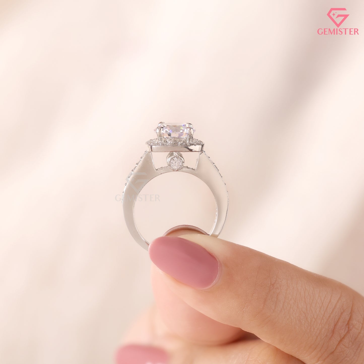 Classic Round Moissanite Halo Solitaire Ring, Micropave Statement Wedding Band