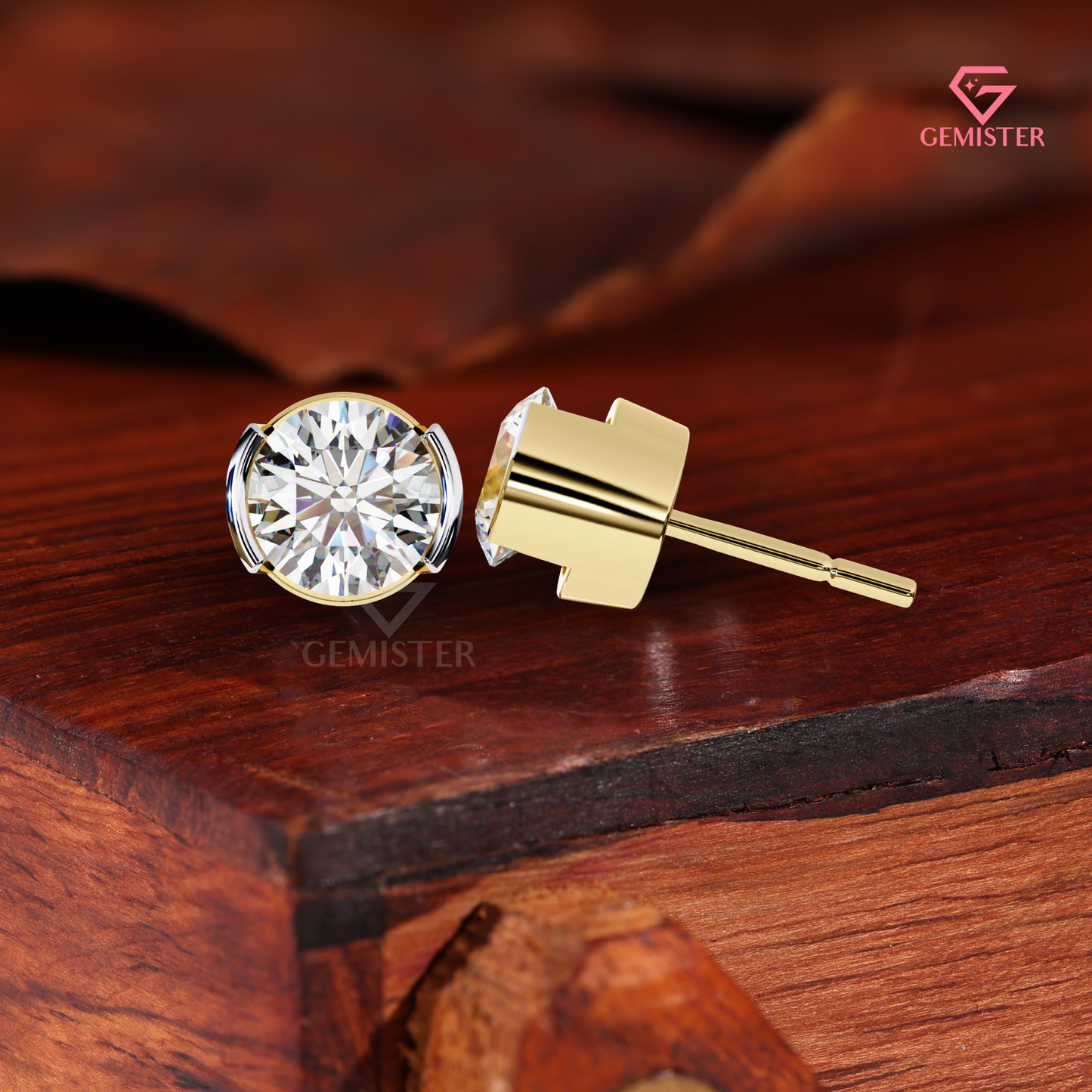 Round-Cut Moissanite Partial Bezel Stud Earrings | Two-Tone 14K Gold