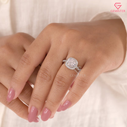 Classic Round Moissanite Halo Solitaire Ring, Micropave Statement Wedding Band