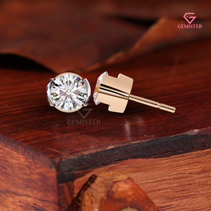 Round-Cut Moissanite Partial Bezel Stud Earrings | Two-Tone 14K Gold