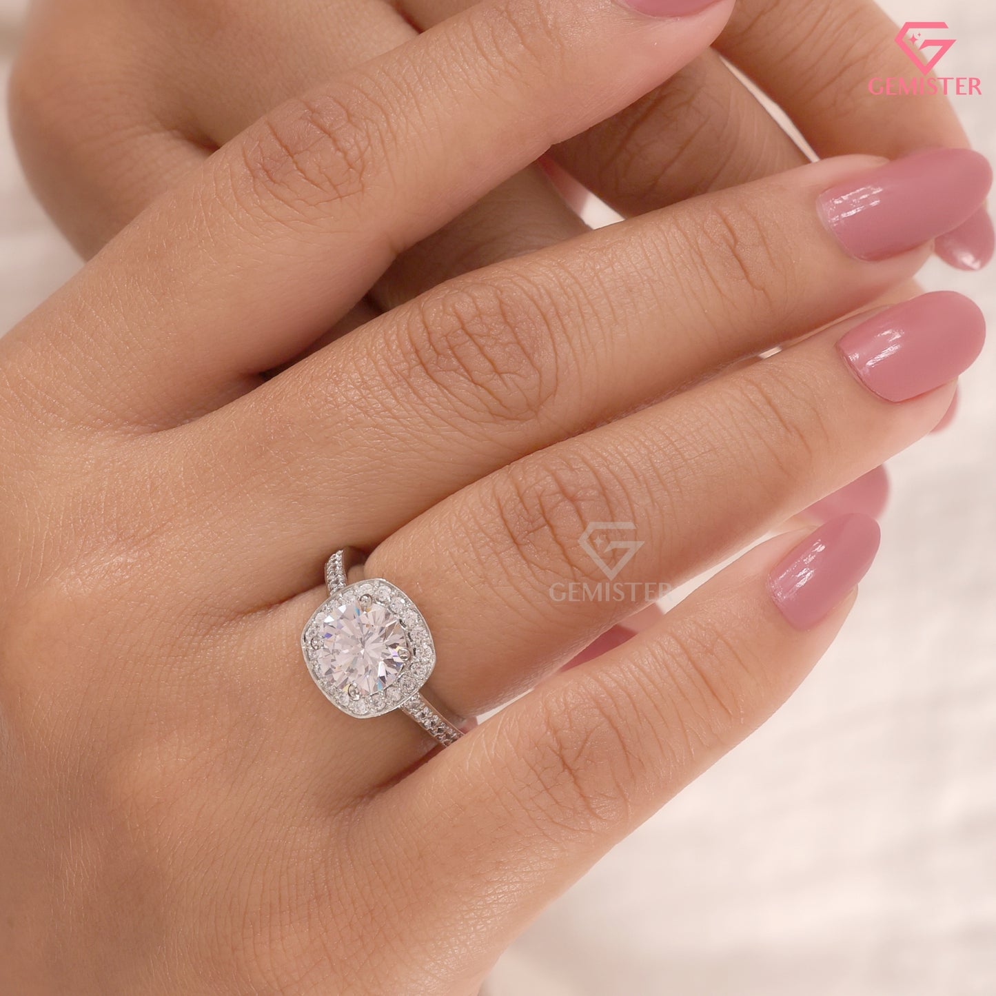 Classic Round Moissanite Halo Solitaire Ring, Micropave Statement Wedding Band