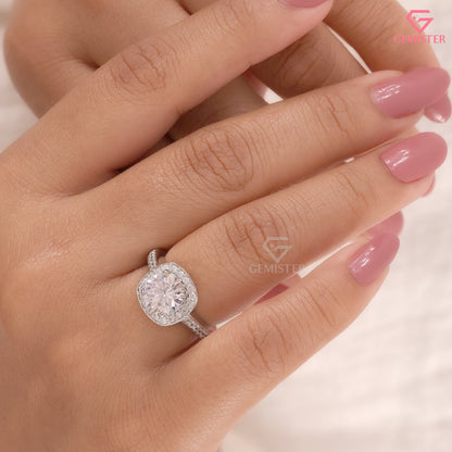 Classic Round Moissanite Halo Solitaire Ring, Micropave Statement Wedding Band