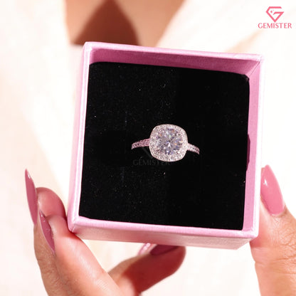 Classic Round Moissanite Halo Solitaire Ring, Micropave Statement Wedding Band