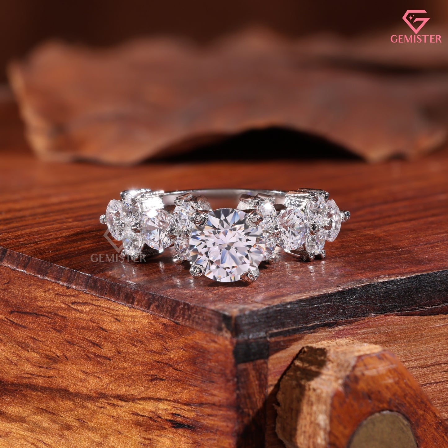 1CT Round Brilliant Cut Lab Grown Diamond Cluster Statement Ring in 14K White Gold