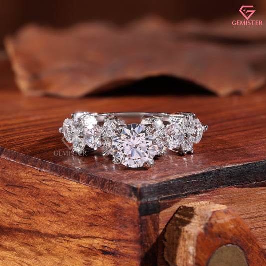 1CT Round Brilliant Cut Lab Grown Diamond Cluster Statement Ring in 14K White Gold