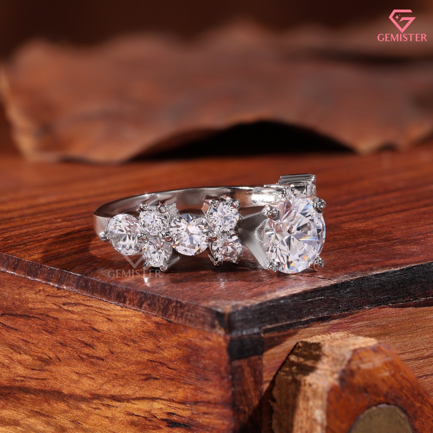 1CT Round Brilliant Cut Lab Grown Diamond Cluster Statement Ring in 14K White Gold