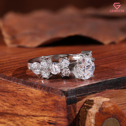1CT Round Brilliant Cut Lab Grown Diamond Cluster Statement Ring in 14K White Gold