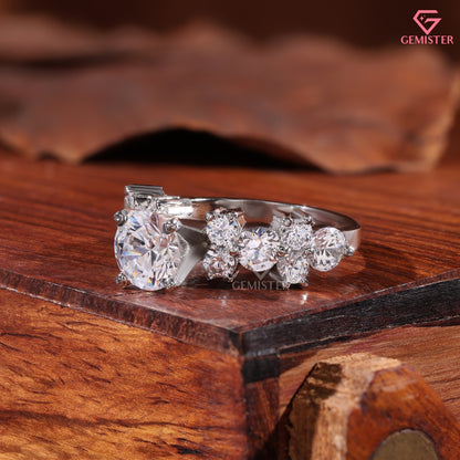 1CT Round Brilliant Cut Lab Grown Diamond Cluster Statement Ring in 14K White Gold