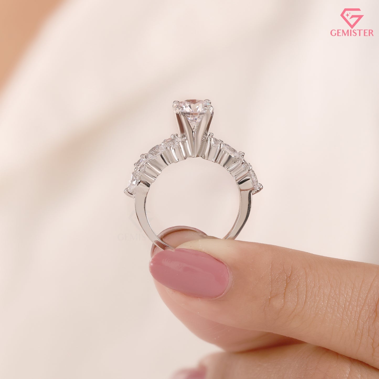 1CT Round Brilliant Cut Lab Grown Diamond Cluster Statement Ring in 14K White Gold