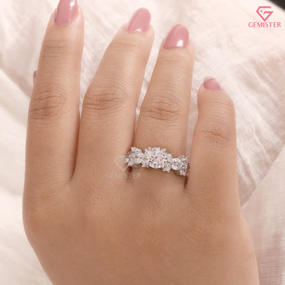 1CT Round Brilliant Cut Lab Grown Diamond Cluster Statement Ring in 14K White Gold