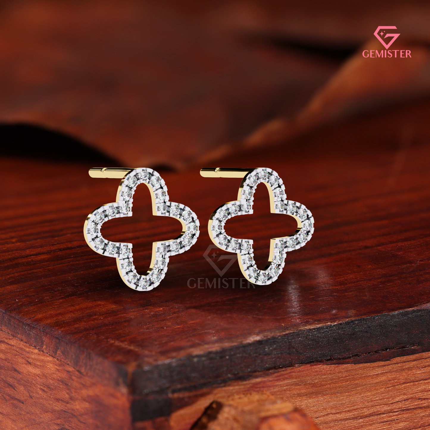 Moissanite Open Quatrefoil Clover Stud Earrings in 14K Gold