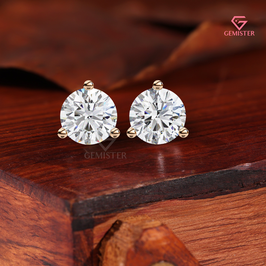 Round-Cut Moissanite 3-Prong Martini Stud Earrings | 14K Rose Gold