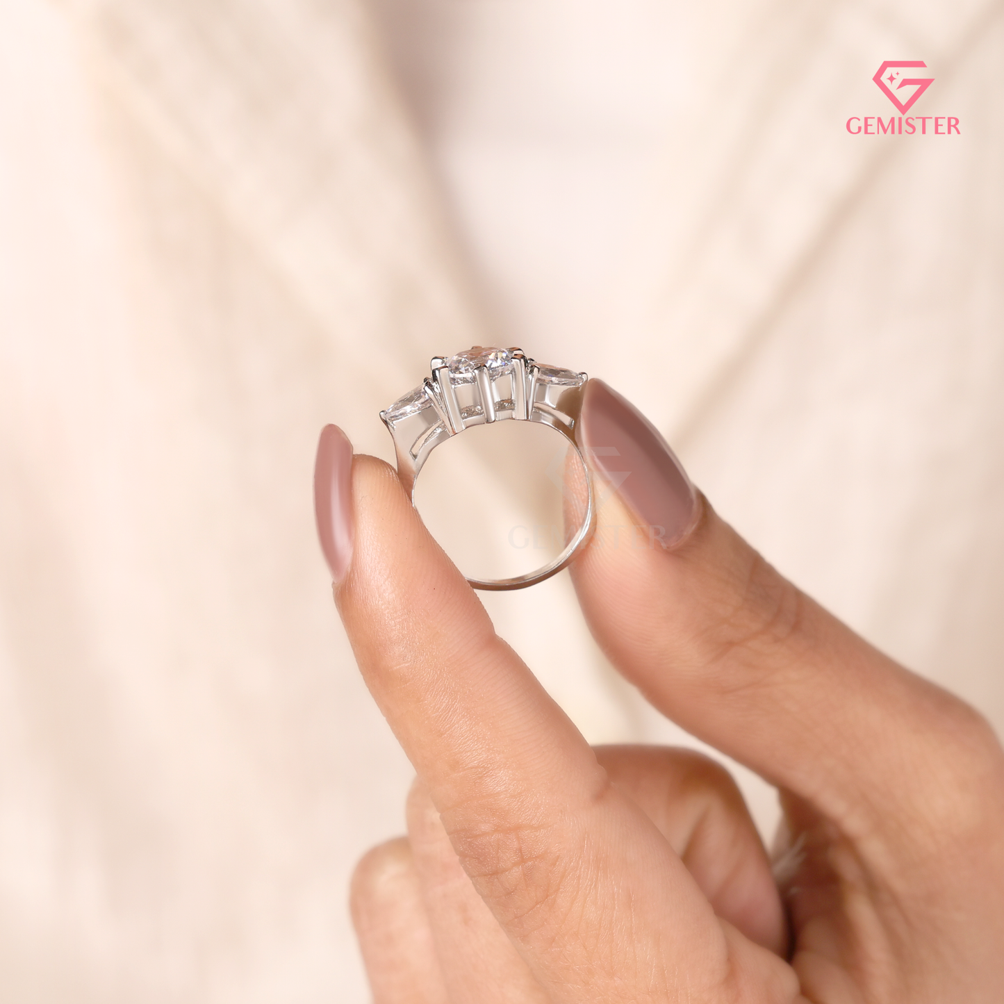 Round Brilliant and Pear Lab Grown Diamond Cut 3-Stone Engagement Ring in 14K White Gold