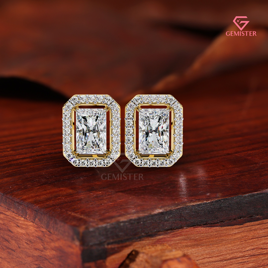 Radiant-Cut Moissanite Floating Halo Stud Earrings in 14K Gold