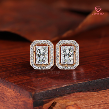 Radiant-Cut Moissanite Floating Halo Stud Earrings in 14K Gold