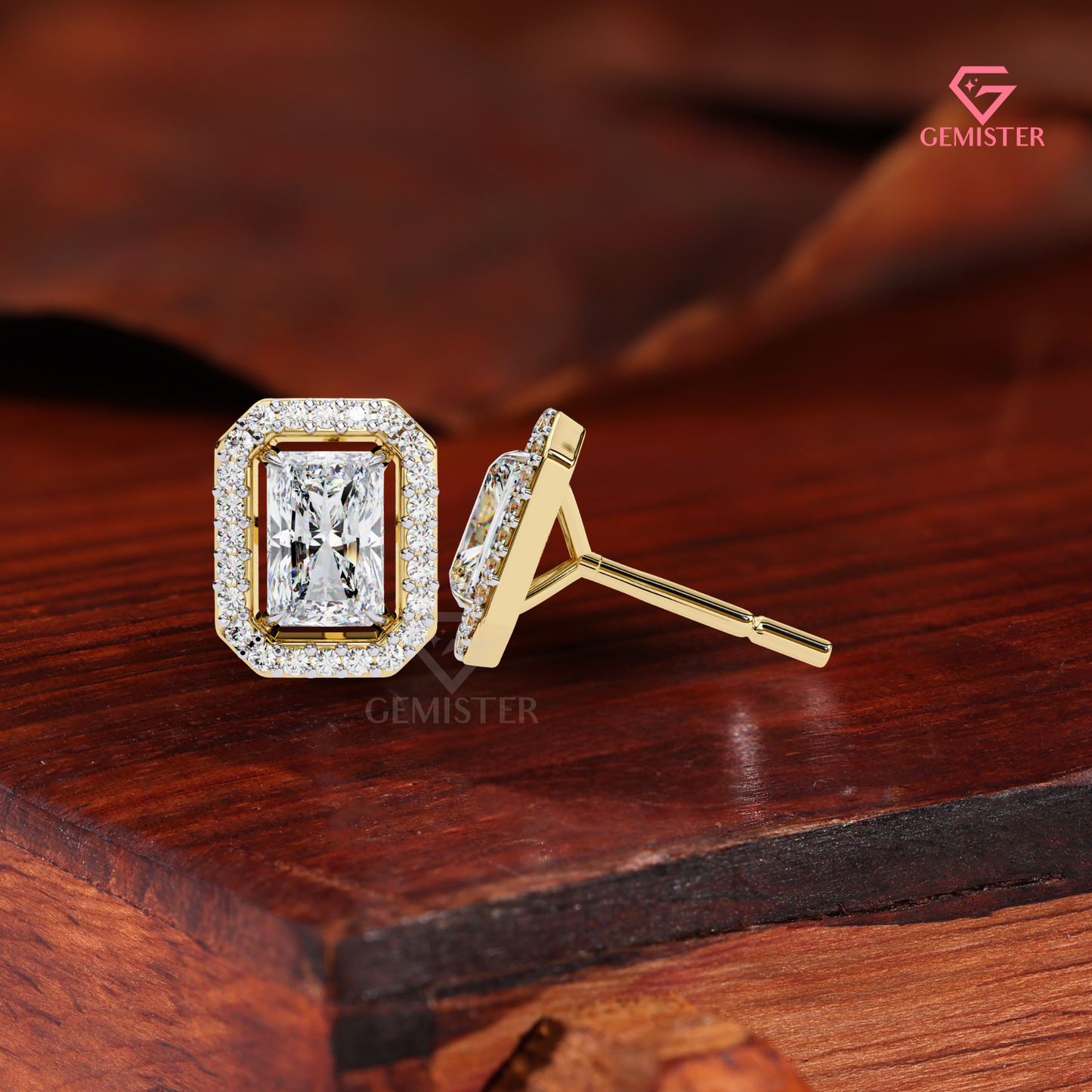 Radiant-Cut Moissanite Floating Halo Stud Earrings in 14K Gold
