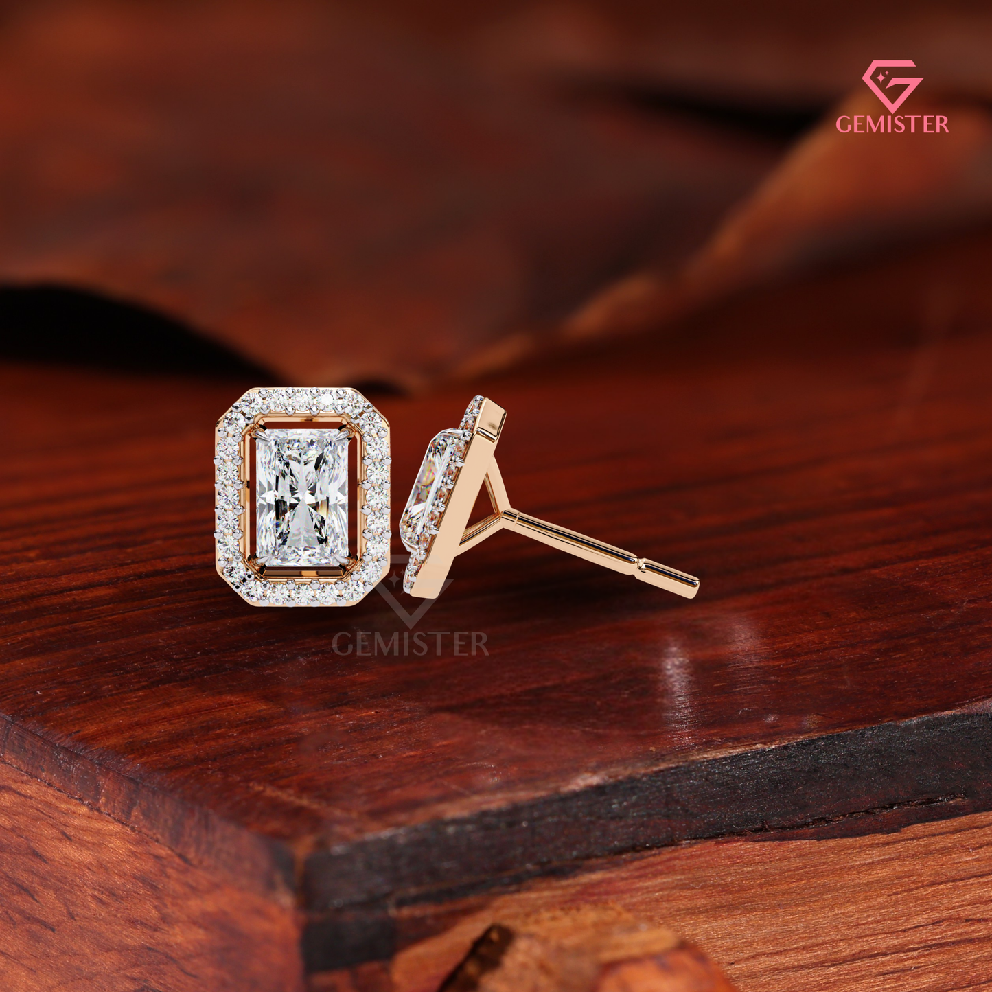 Radiant-Cut Moissanite Floating Halo Stud Earrings in 14K Gold