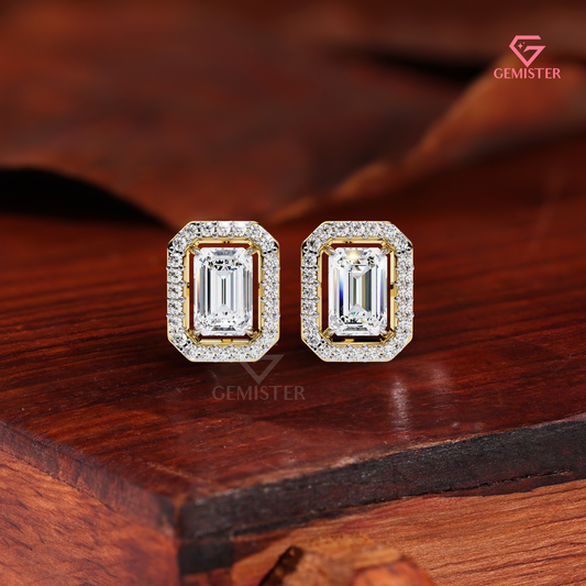 Emerald-Cut Moissanite Floating Halo Stud Earrings in 14K Gold