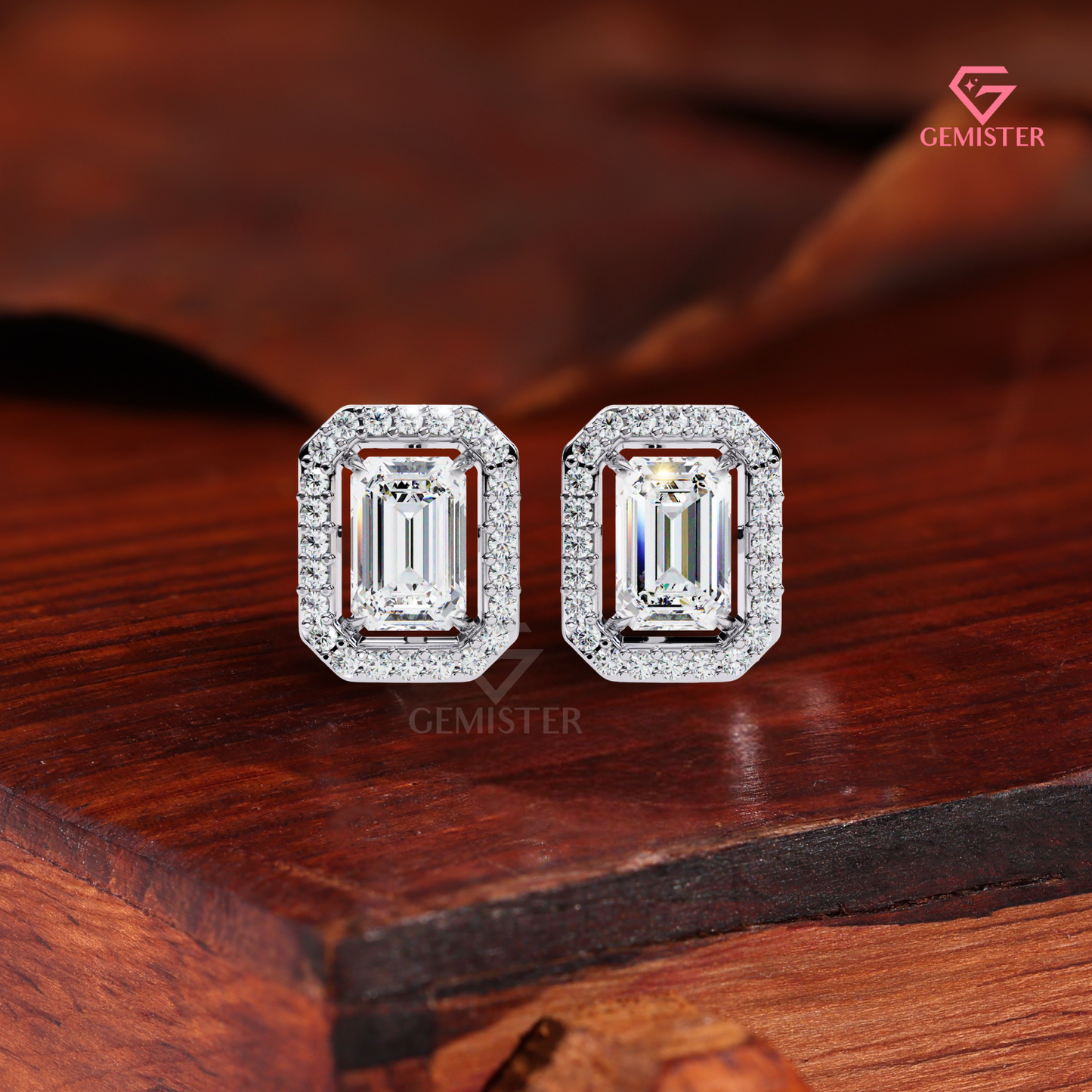 Emerald-Cut Moissanite Floating Halo Stud Earrings in 14K Gold