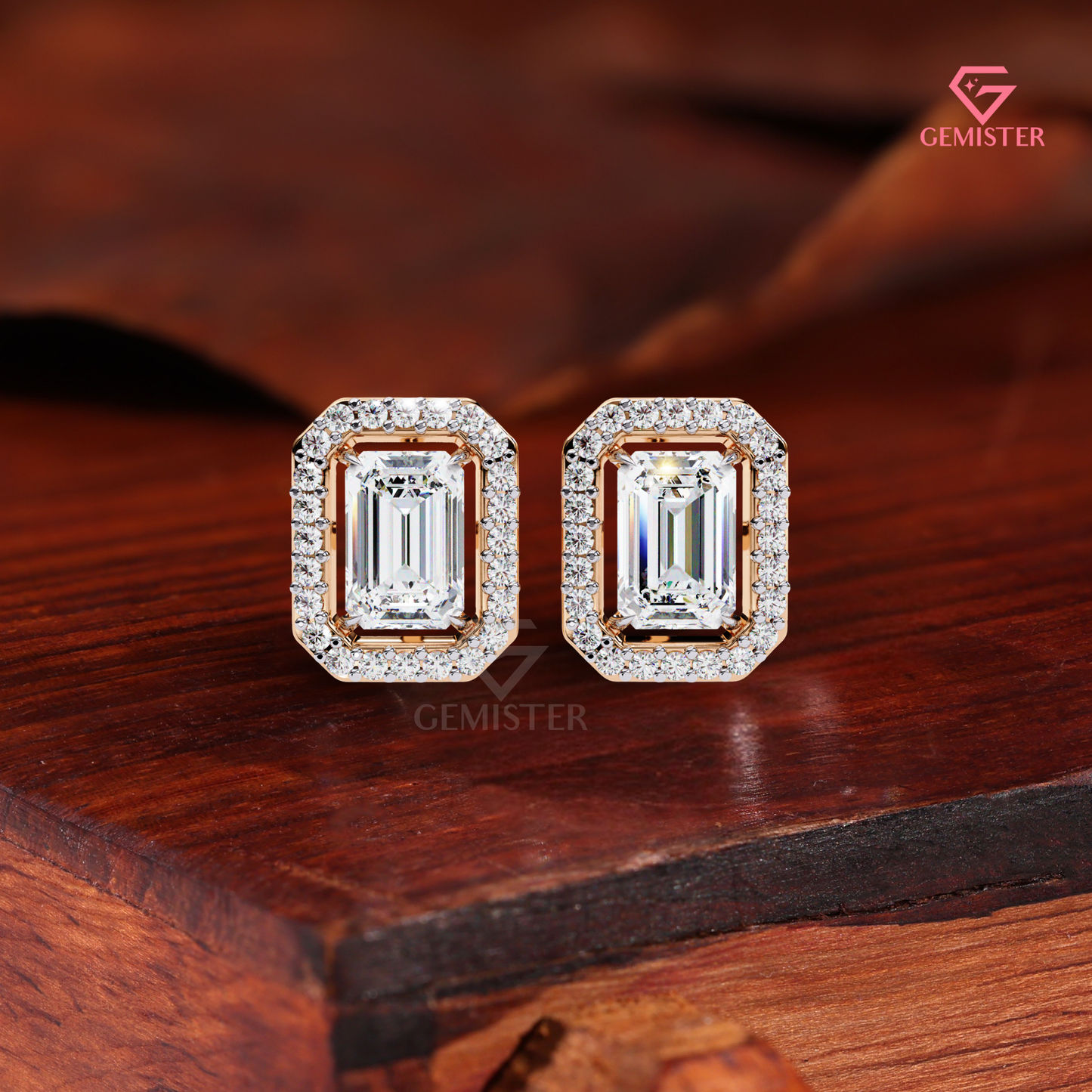 Emerald-Cut Moissanite Floating Halo Stud Earrings in 14K Gold
