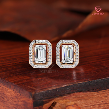 Emerald-Cut Moissanite Floating Halo Stud Earrings in 14K Gold
