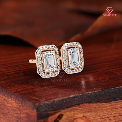 Emerald-Cut Moissanite Floating Halo Stud Earrings in 14K Gold