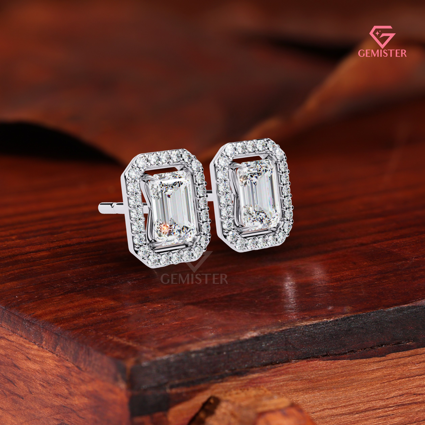 Emerald-Cut Moissanite Floating Halo Stud Earrings in 14K Gold